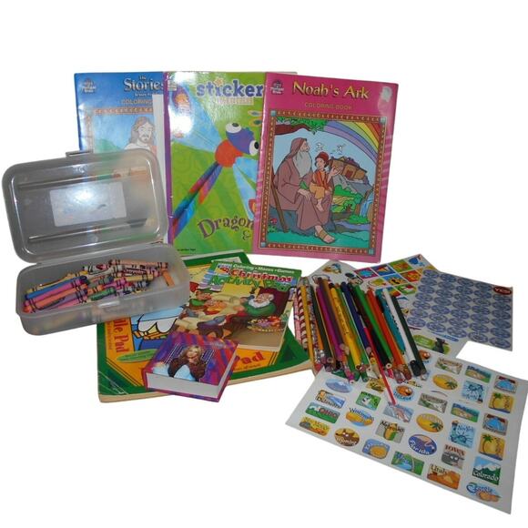 Kids Coloring Book/Drawing Lot: Stickers, Crayons, Coloring Books, Pencil Box - Picture 1 of 16